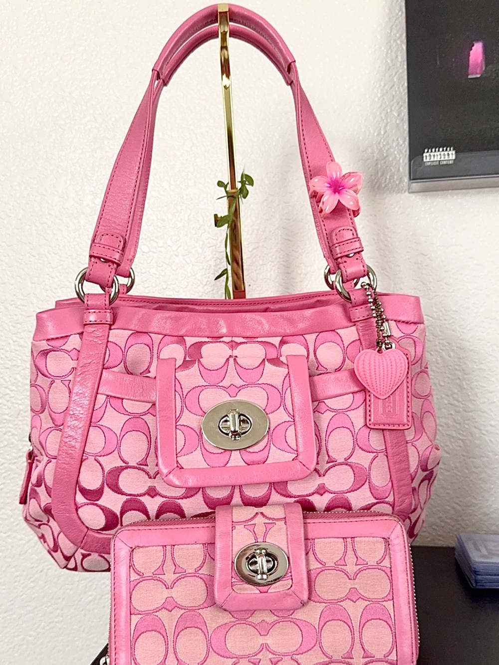 Coach Pink Cricket Signature Shoulder Bag with Matching Wallet Set